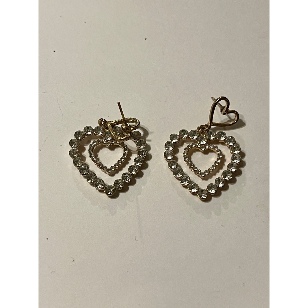 Gold Tone Rhinestone Double Heart Drop Earrings Sparkly Romantic Dangle Studs